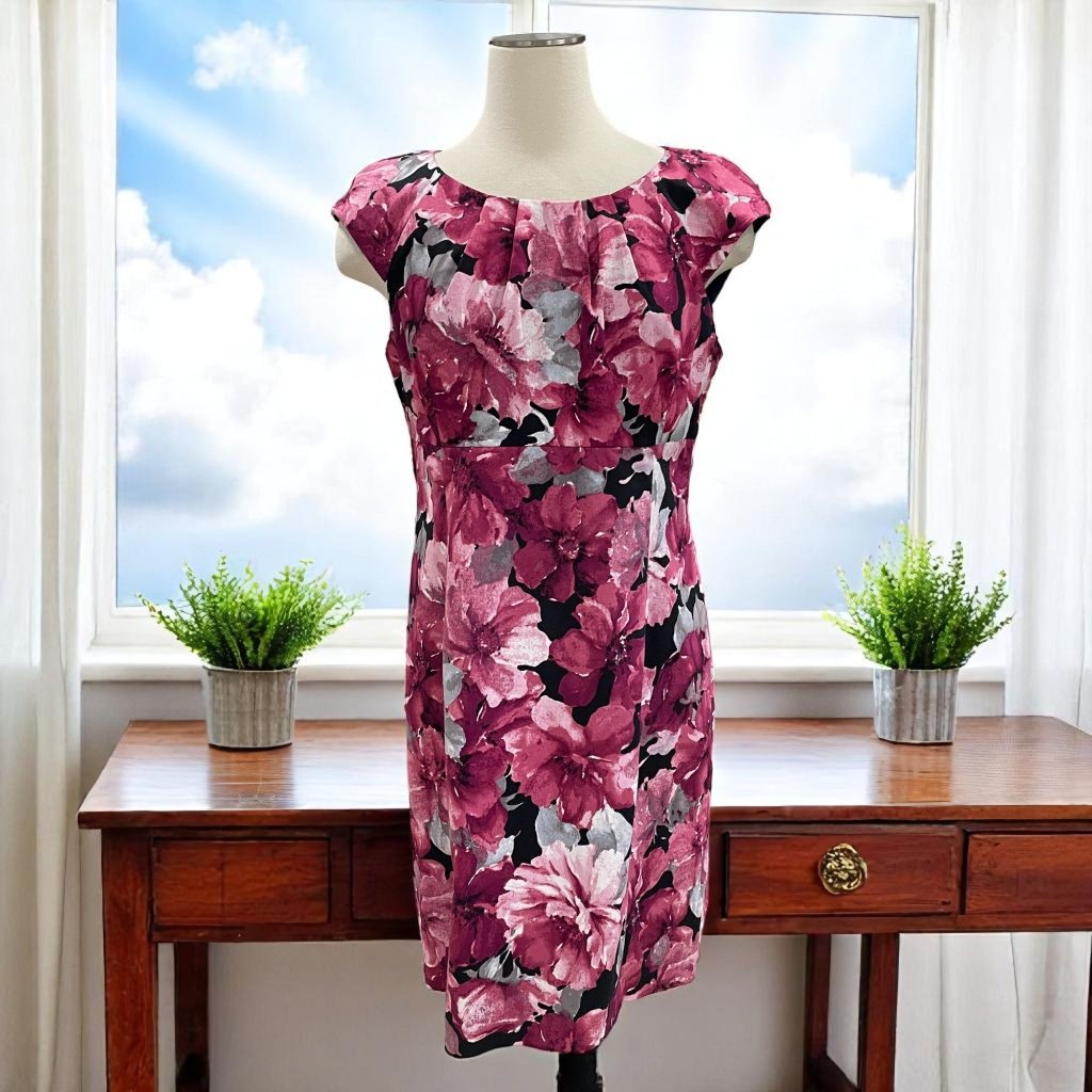 Jones New York Floral Sheath Dress Pink Stretch Cotton 12p Spring Wedding Guest